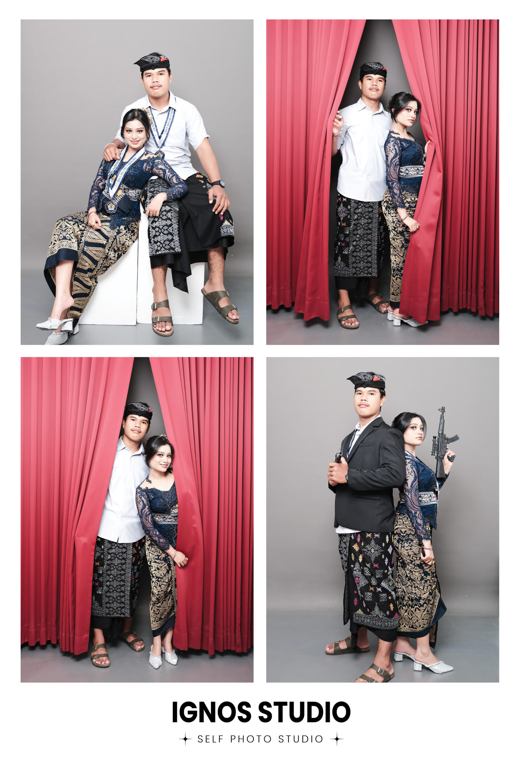 Kolase foto pasangan baju adat Bali elegan latar merah di Ignos Studio