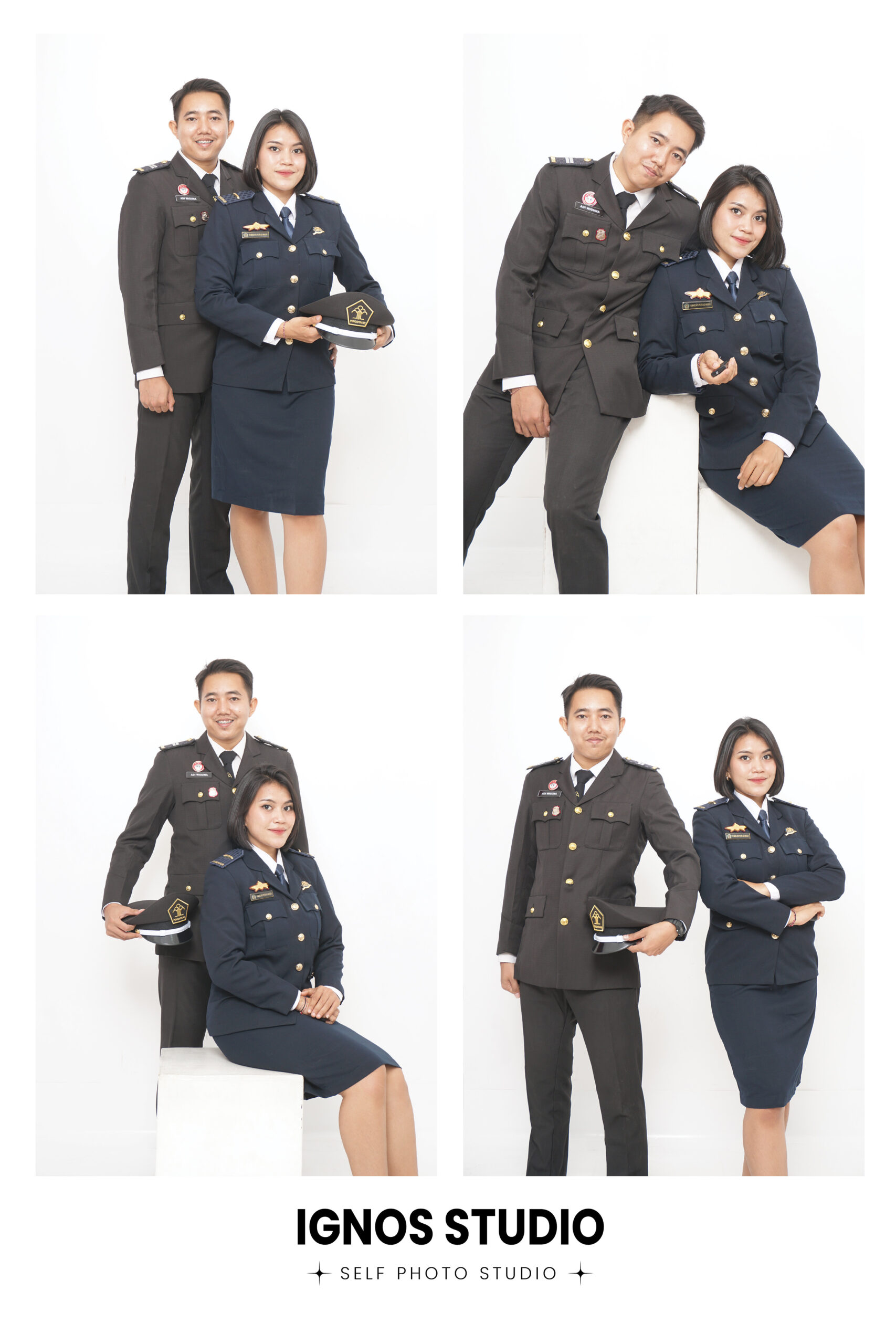 Model wanita mengenakan outfit formal elegan hitam dalam sesi foto fashion studio IGNOS dengan pose profesional di latar putih