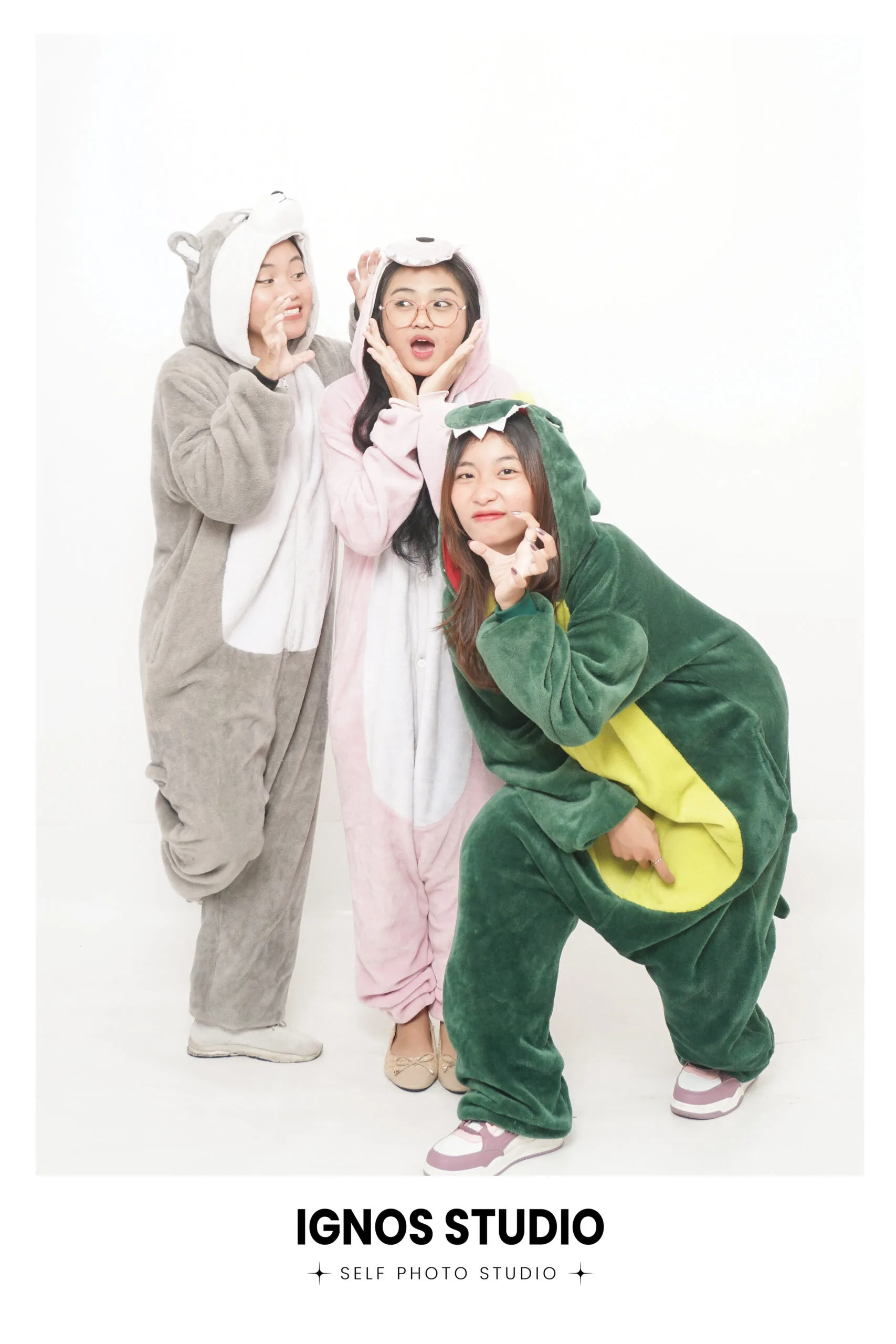 Grup teman mengenakan kostum onesie hewan karakter dinosaurus dan gajah berpose lucu di Ignos Studio.