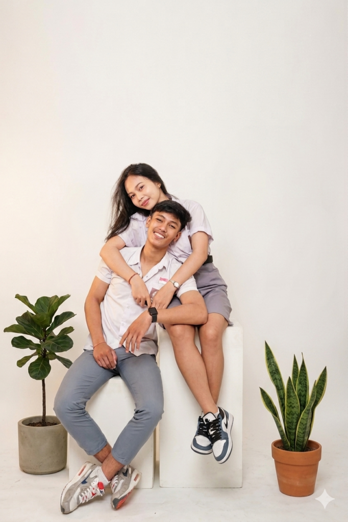 Foto studio minimalis sepasang remaja berseragam sekolah dengan dekorasi tanaman hias pot estetik latar belakang putih.